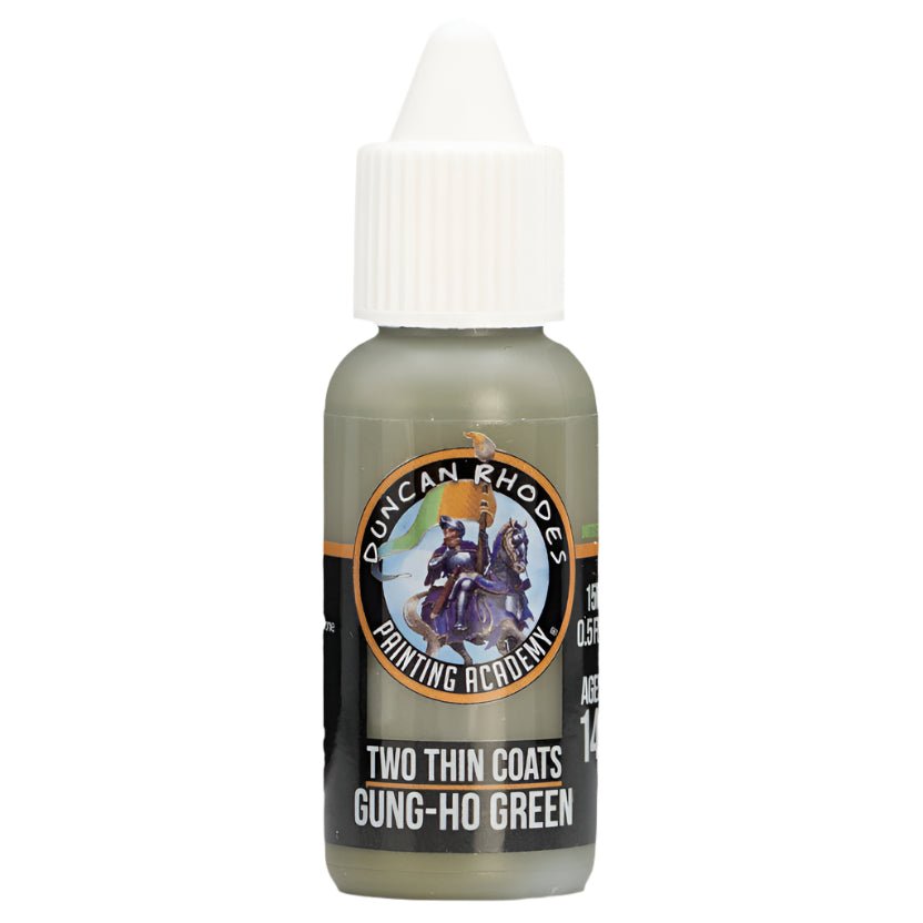 Duncan Rhodes Two Thin Coats Gung-ho Green midtone paint in a dropper bottle with khaki green paint