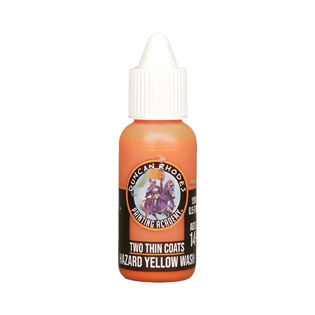 Duncan Rhodes Two Thin Coats Hazard Yellow Wash in a dropper bottle with orange-yellow wash