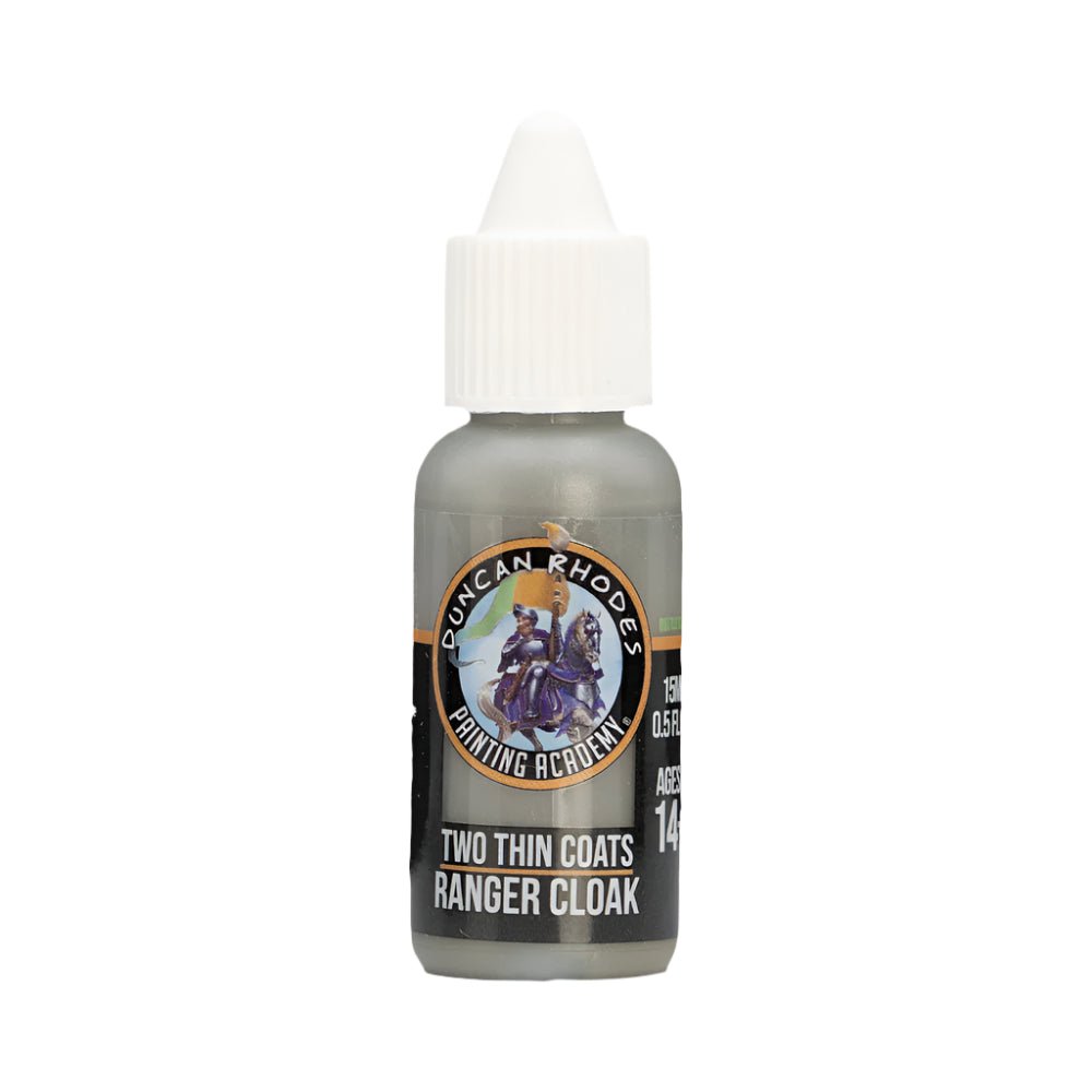 Duncan Rhodes Two Thin Coats Ranger Cloak midtone paint in a dropper bottle with drab green paint