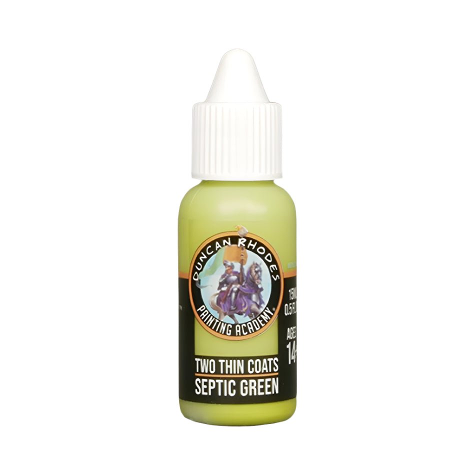 Duncan Rhodes Two Thin Coats Septic Green dropper bottle, a vivid acidic green paint