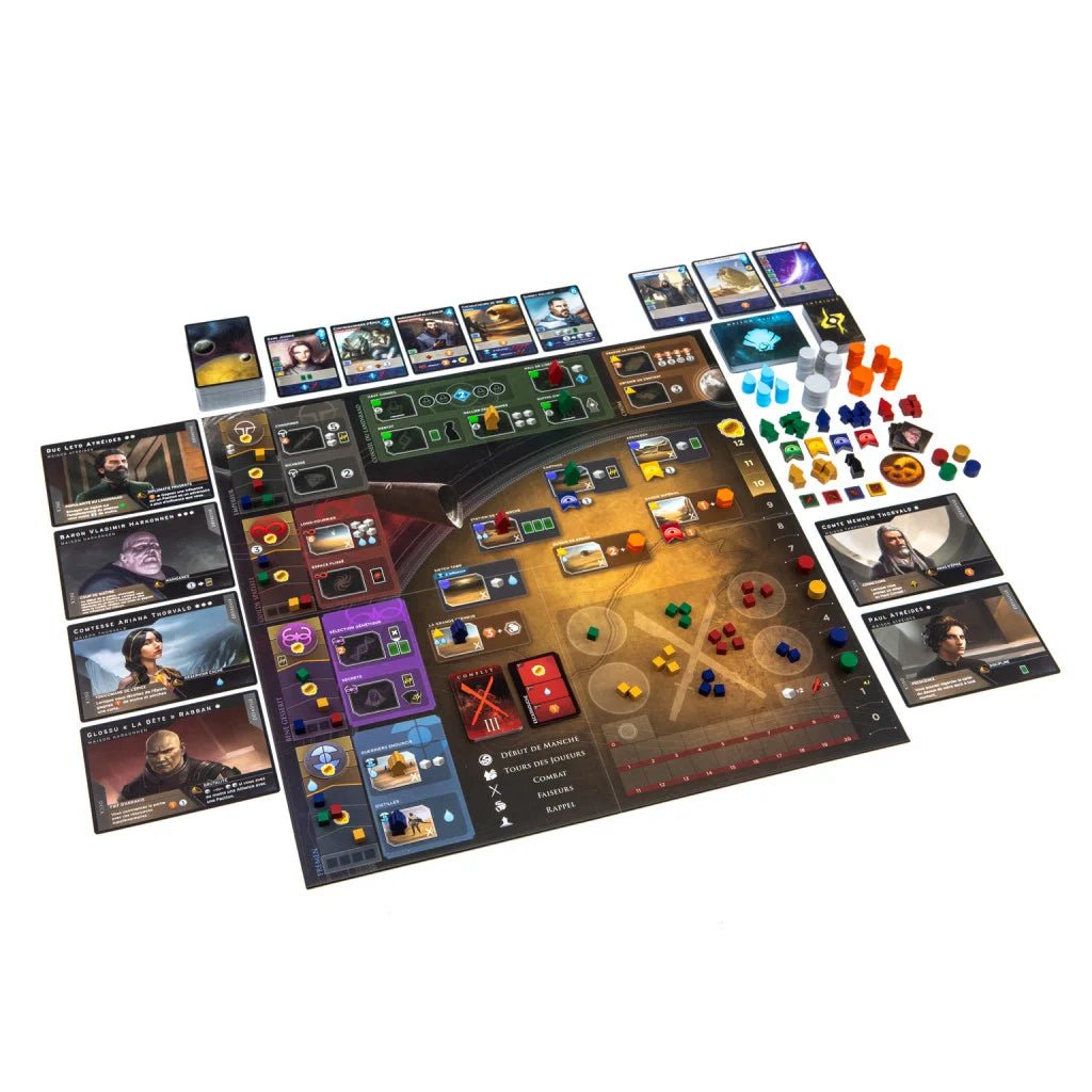 Dune: Imperium full table setup from above with board, cards, markers and resource tokens