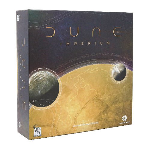 Dune: Imperium board game by Dire Wolf, box front with desert planet Arrakis artwork