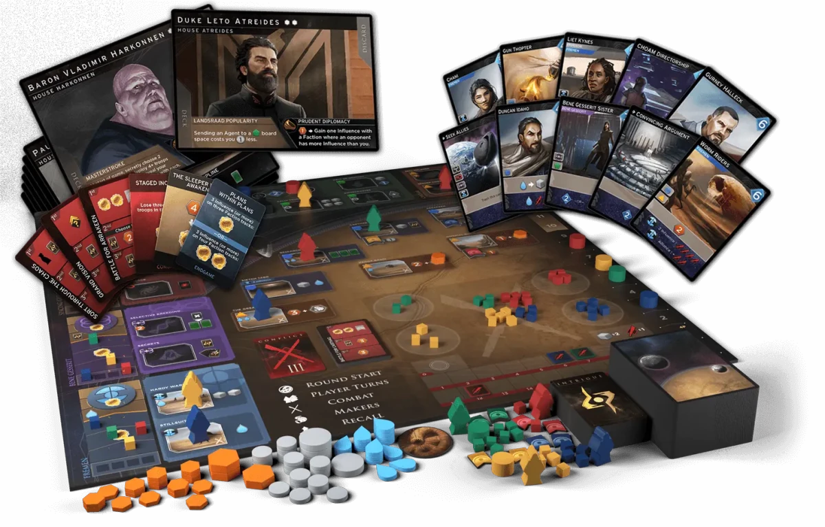 Dune: Imperium game in play: main board, leader cards, player boards and coloured wooden pieces