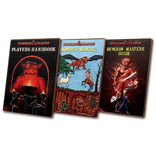 Fanattik D&D 50th Anniversary ingots: Players Handbook, Monster Manual and Dungeon Masters Guide covers