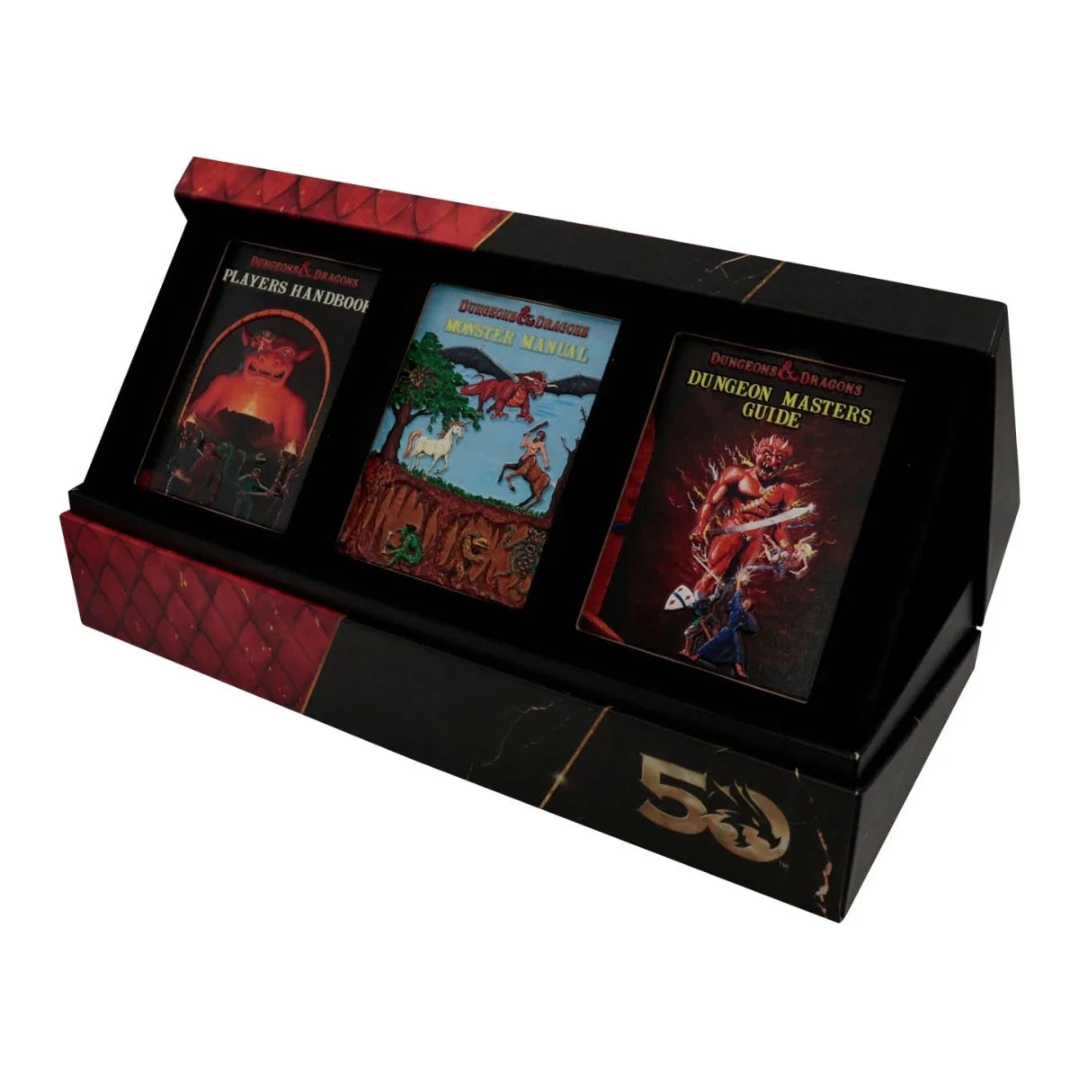 D&D 50th Anniversary 1st Edition book cover ingot set displayed in its box, angled view