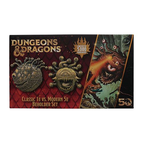 Dungeons & Dragons 50th Anniversary Beholder Twin Medallion Set box, classic 1E vs modern 5E