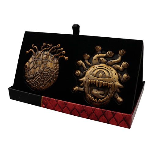 D&D Beholder twin medallions, 1st and 5th edition designs, displayed in their open presentation box