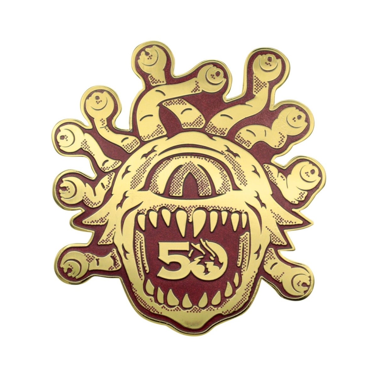 Close-up of the gold and red Beholder pin badge from the D&D 50th Anniversary set