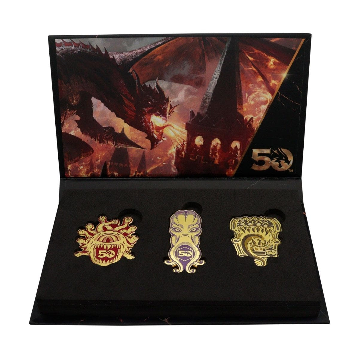 Dungeons & Dragons 50th Anniversary pin badge set in its open display box with red dragon artwork