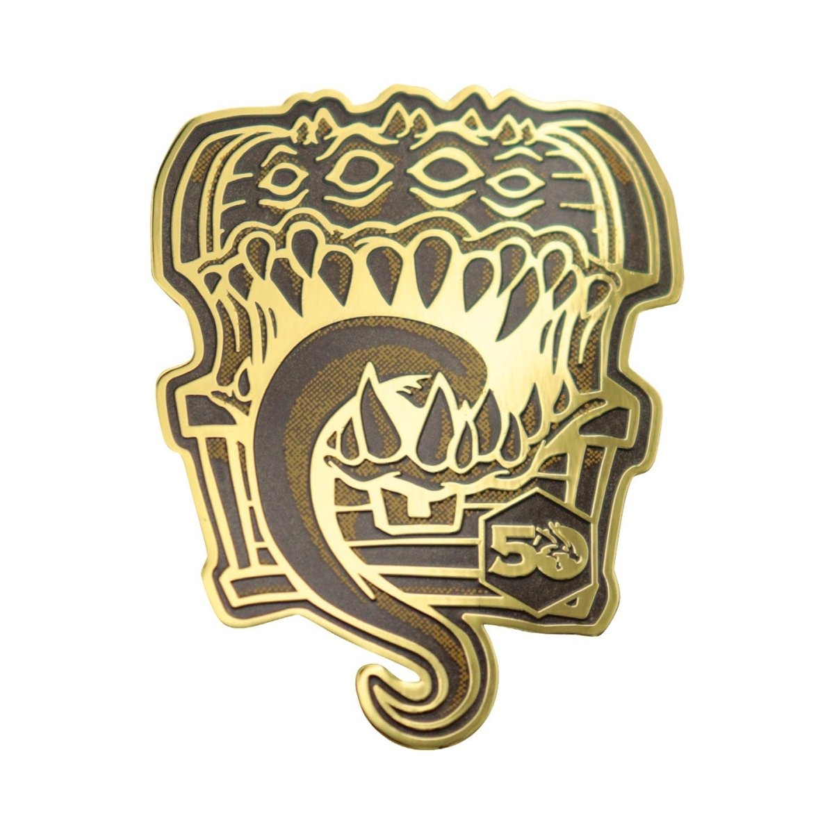 Close-up of the gold Mimic treasure chest pin badge from the D&D 50th Anniversary set