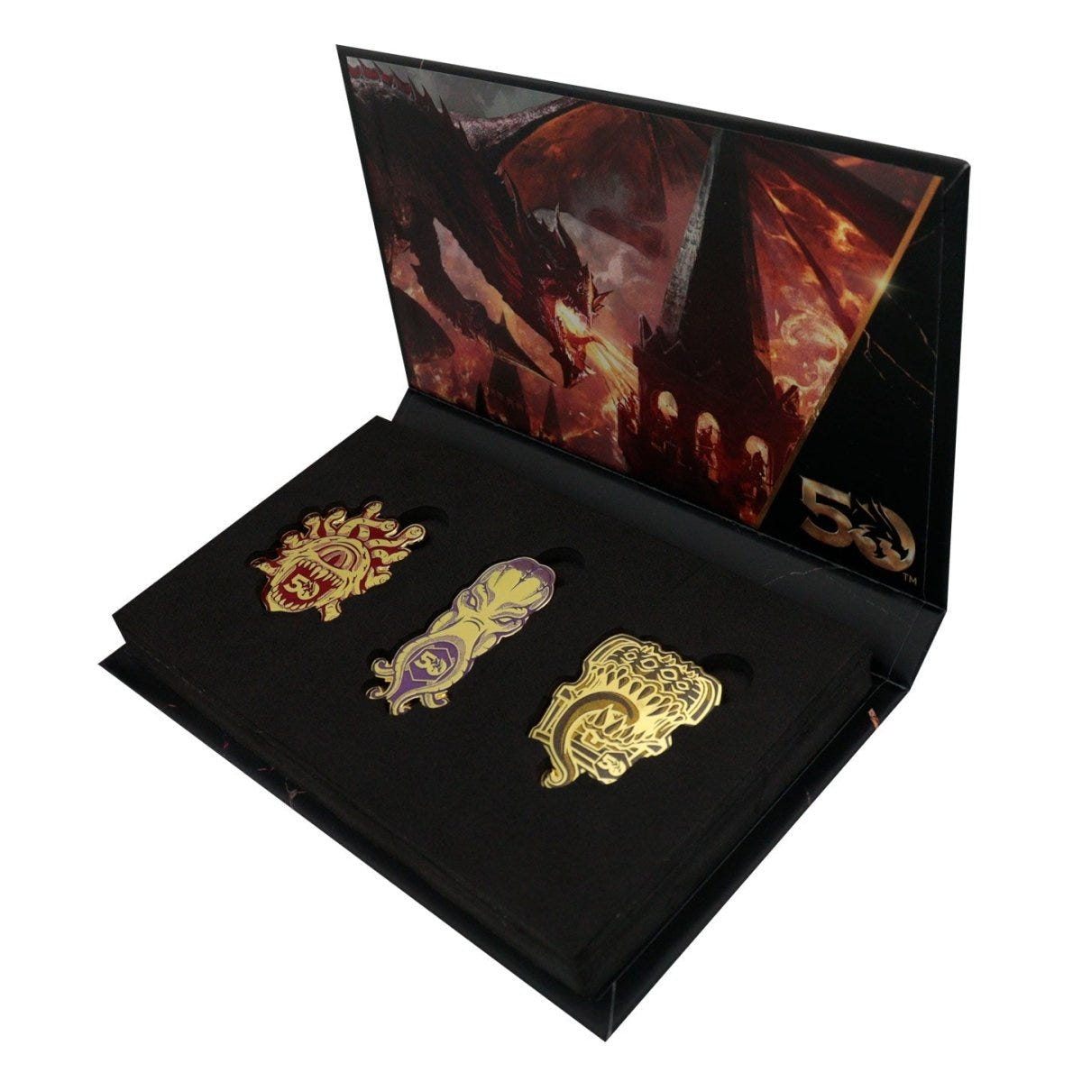 Angled view of the open D&D 50th Anniversary box holding Beholder, Mind Flayer and Mimic pins