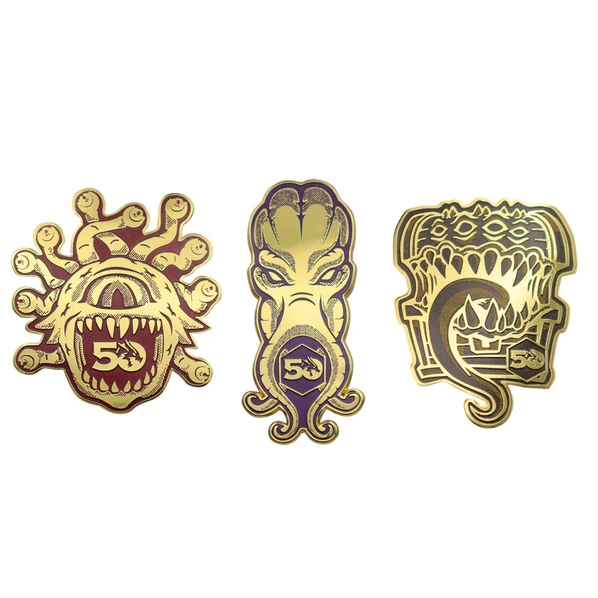 Dungeons & Dragons 50th Anniversary Beholder, Mind Flayer and Mimic pin badges in antique gold