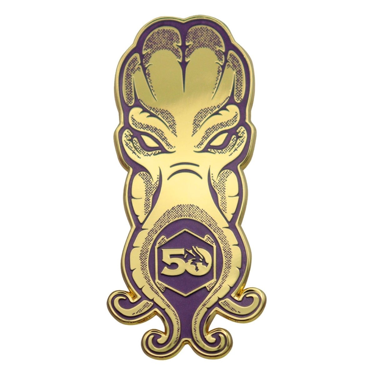 Close-up of the gold and purple Mind Flayer pin badge from the D&D 50th Anniversary set