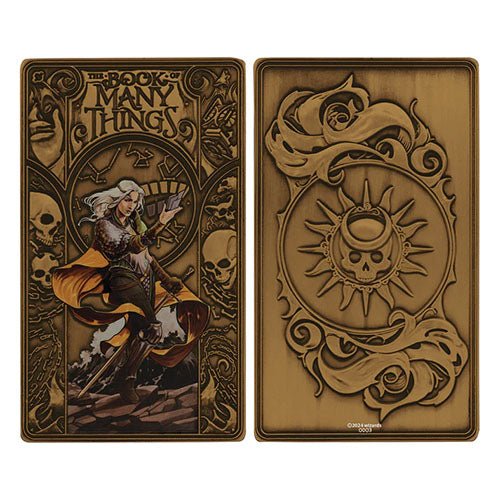 Front and back of the D&D Book of Many Things ingot in antique gold with enamel artwork
