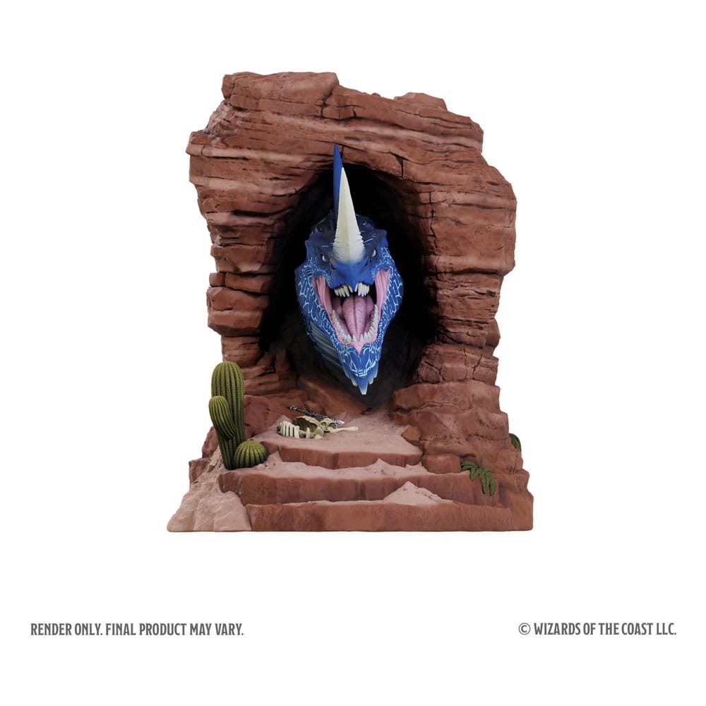 Dungeons & Dragons Blue Dragon bookend, front view of roaring dragon head in rock cave