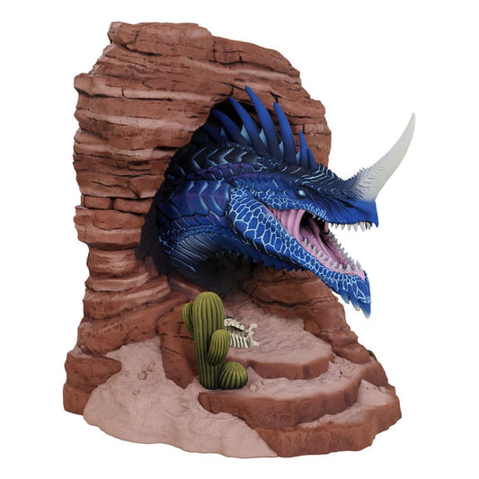 Dungeons & Dragons Blue Dragon bookend, dragon head bursting from desert rock arch, left angle