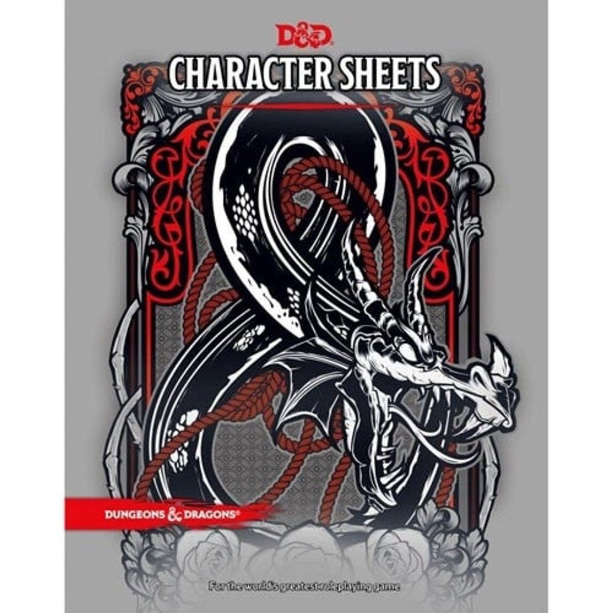 Dungeons & Dragons Character Sheets folder with red and black dragon ampersand cover