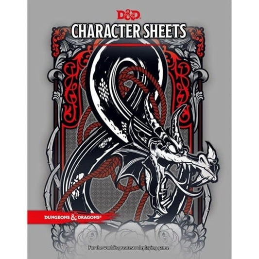 Dungeons & Dragons Character Sheets folder with red and black dragon ampersand cover