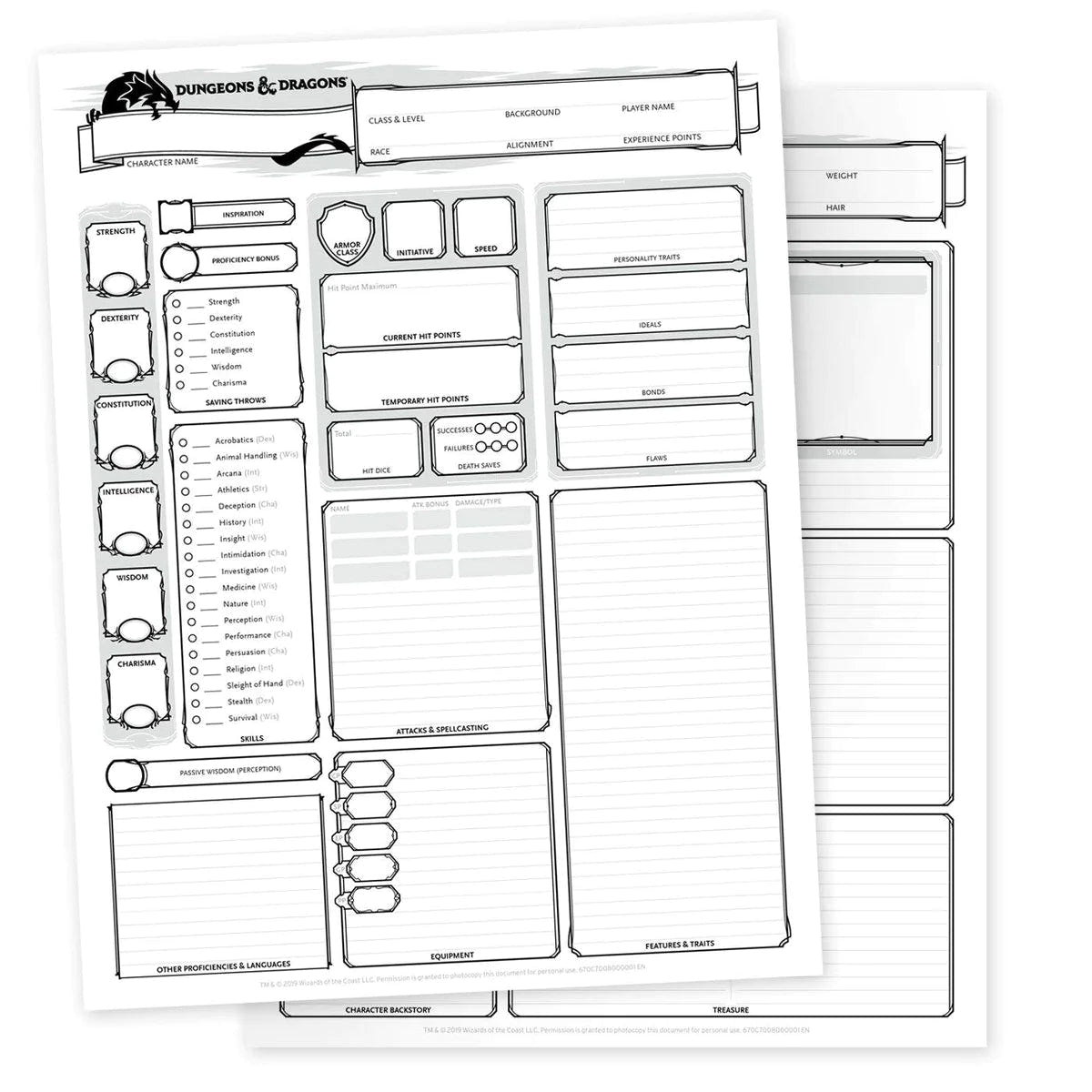 Dungeons & Dragons fifth edition character sheet pages laid out to show the layout
