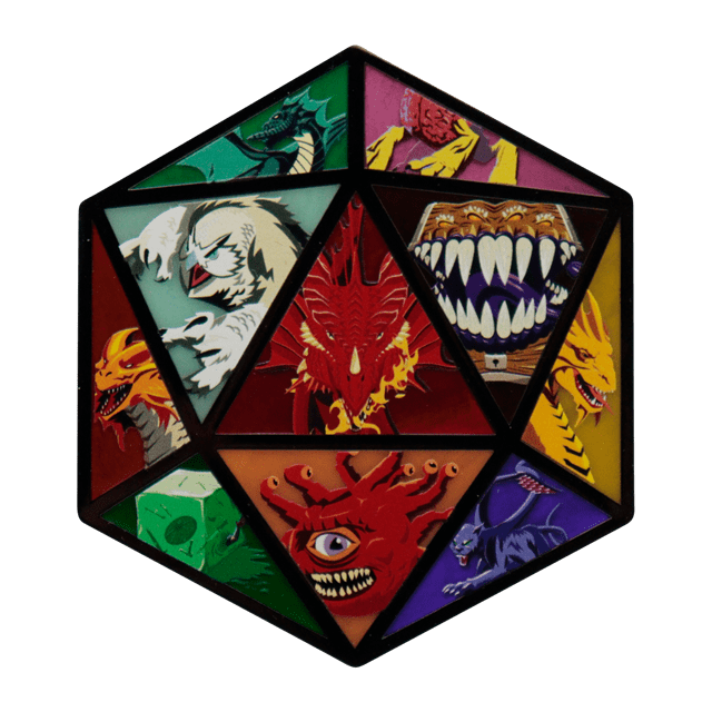 Dungeons & Dragons D20 medallion front with coloured facets of iconic monsters