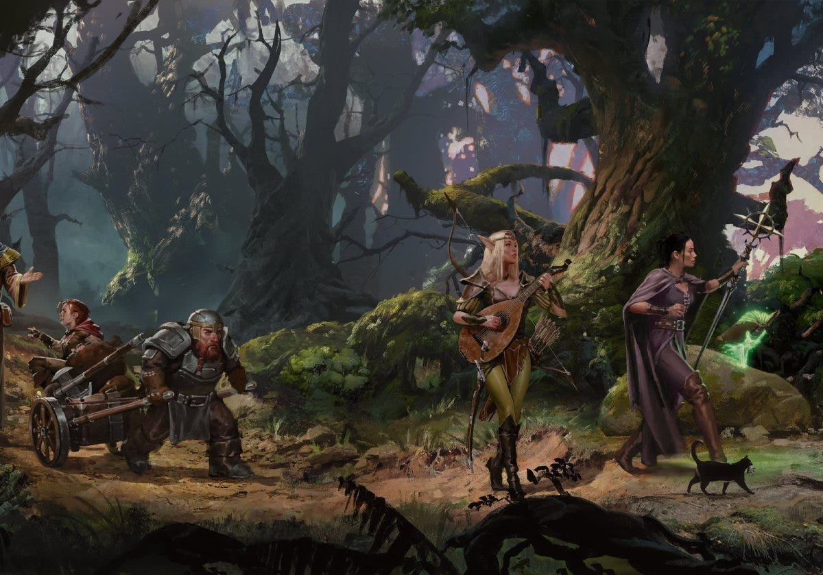Dungeons & Dragons adventurers travelling through a forest, artwork from the D&D Rules Expansion Gift Set