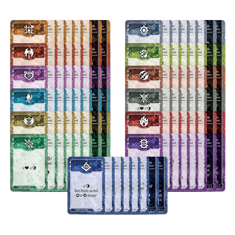 Dungeons & Dragons Onslaught Custom Character Kit expansion, full set of character and ability cards fanned out