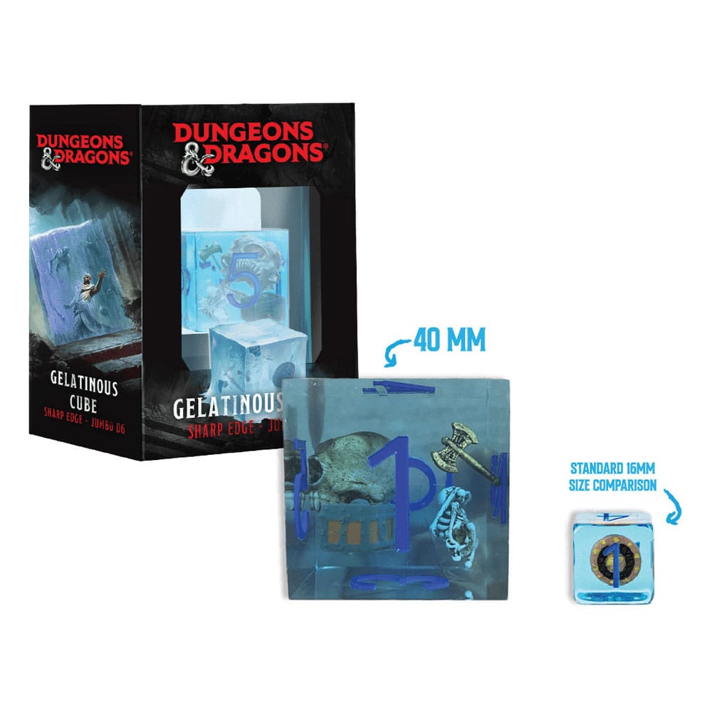 Dungeons & Dragons Gelatinous Cube 40mm jumbo d6 by Fanroll beside its box and a standard 16mm die