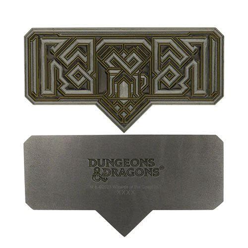 D&D Mithral Hall embossed dwarven crest in antique bronze metal with its display stand