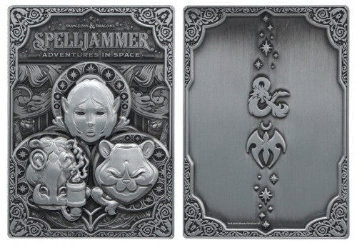 Front and back of the silver-finish D&D Spelljammer ingot, embossed with characters and D&D logo