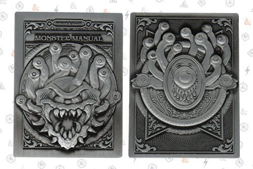 Front and back of the Fanattik D&D Monster Manual ingot, embossed beholder design in silver finish