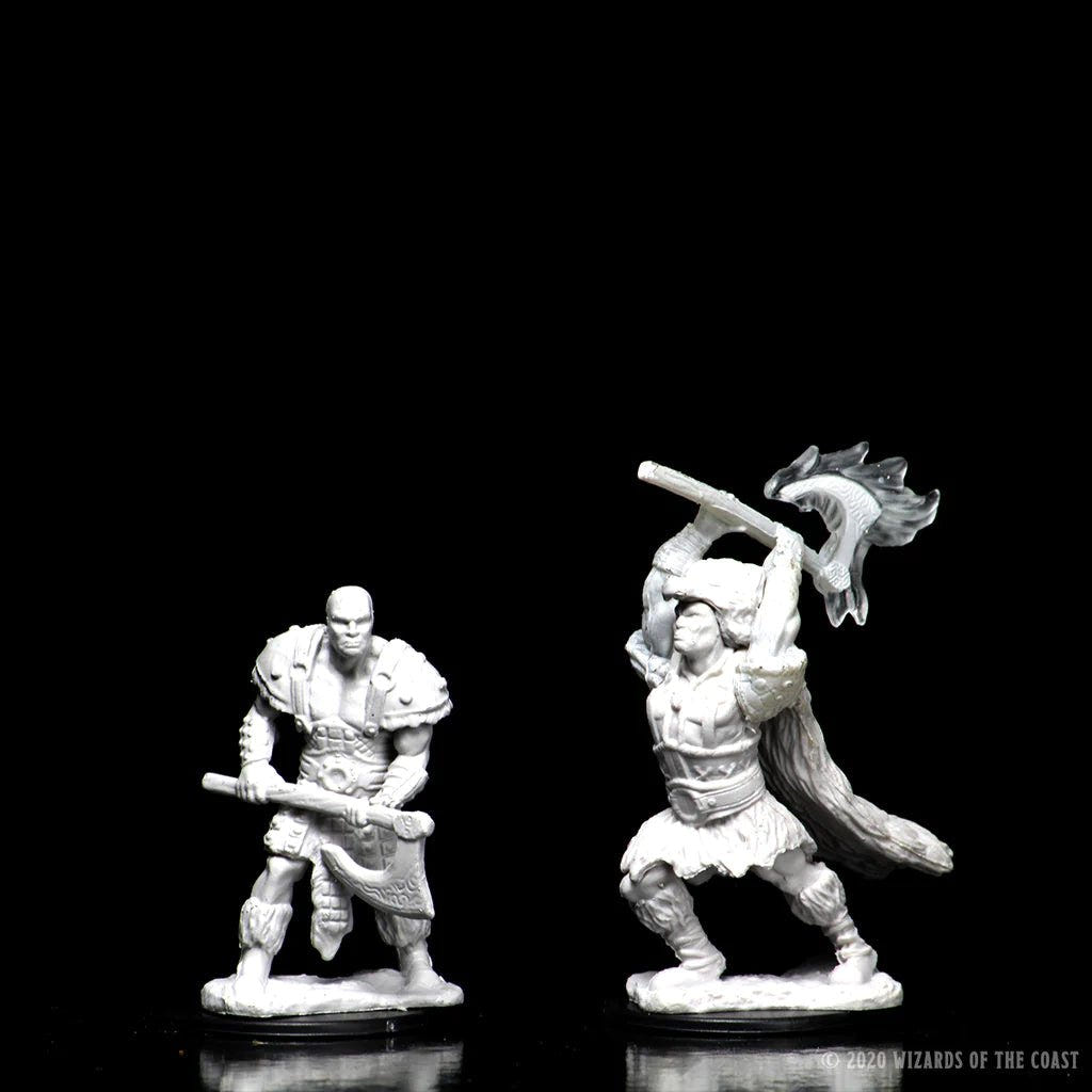 Two unpainted Male Goliath Barbarian miniatures, low and high level, swinging their weapons