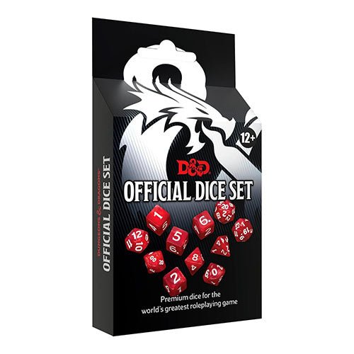 Dungeons & Dragons Official Dice Set box with red dragon logo, Wizards of the Coast