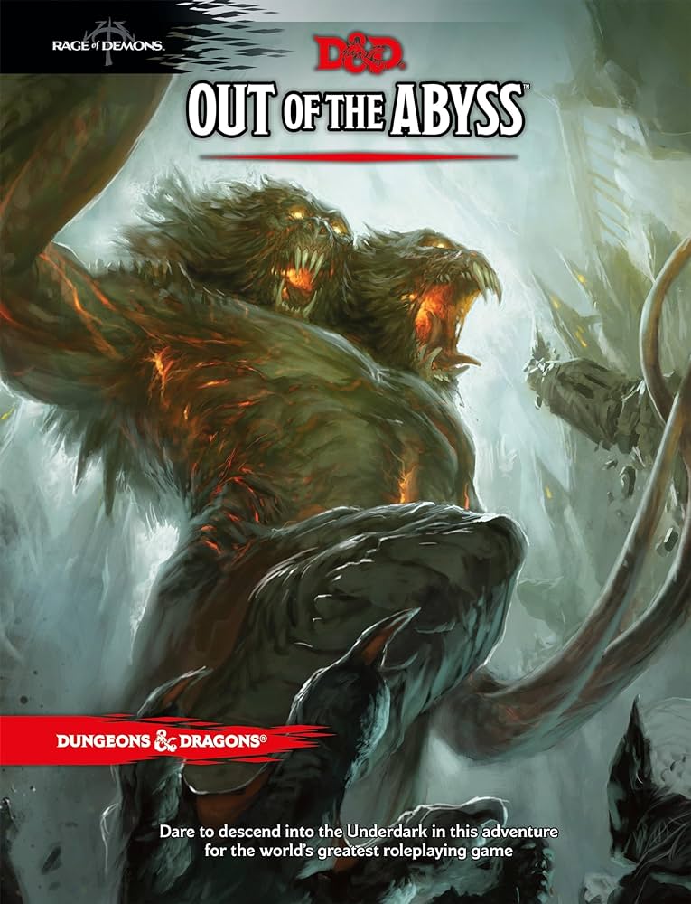 Dungeons & Dragons Out of the Abyss adventure book front cover with a two-headed demon lord