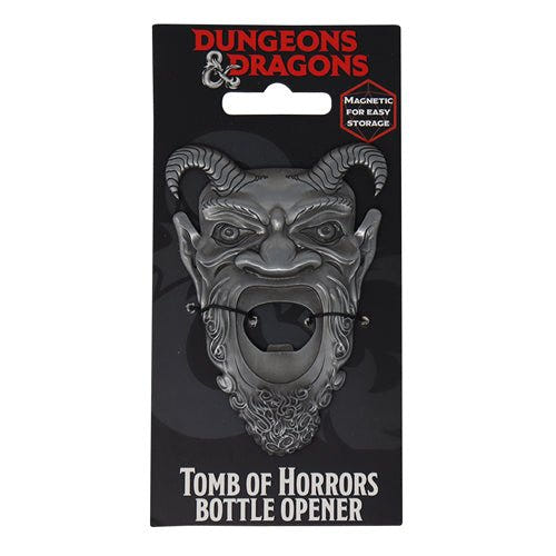 Dungeons & Dragons Tomb of Horrors bottle opener in its carded packaging, a horned demon face in metal