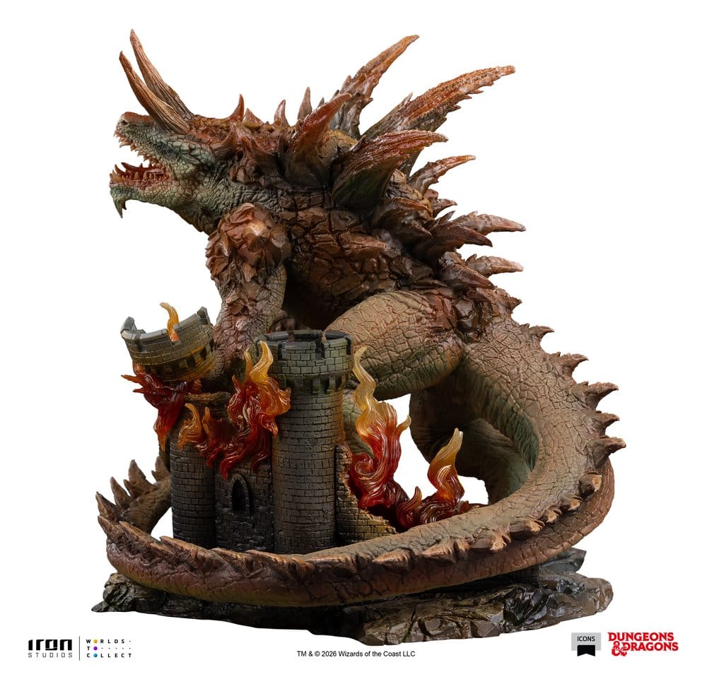 Iron Studios D&D Tarrasque statue side view with spiked tail curled round castle ruins