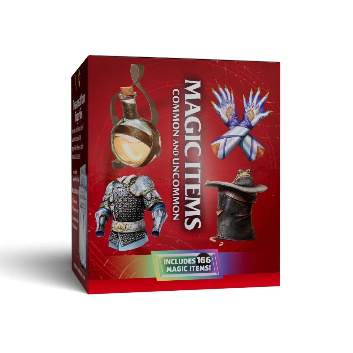 Side of the D&D Trove Magic Items Common and Uncommon box showing armour, potion and hat art