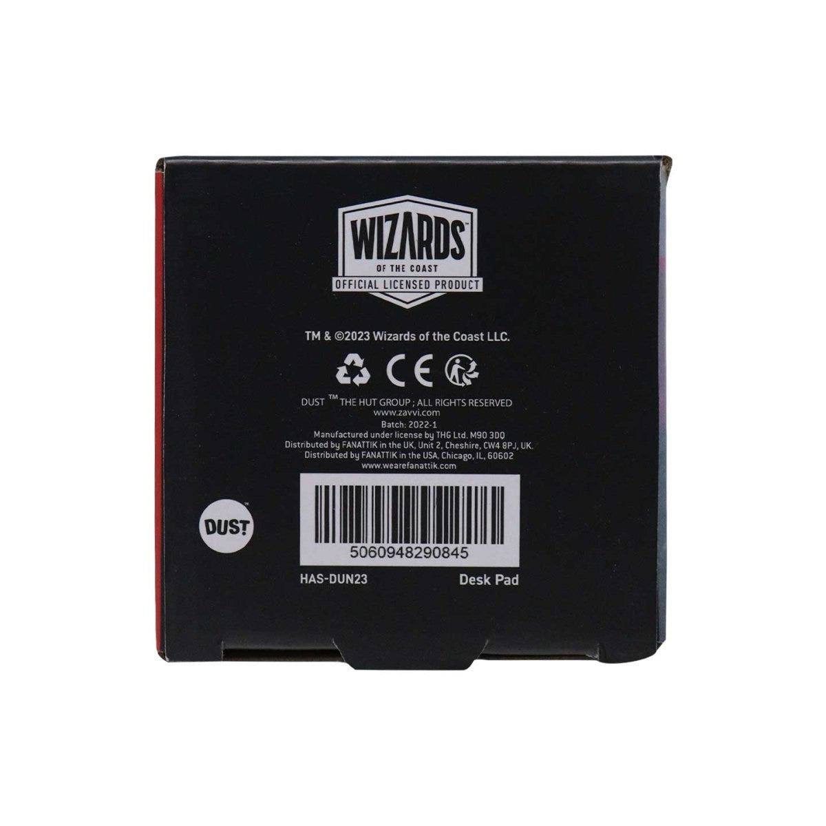 Base of the D&D desk pad box with Wizards of the Coast licence and barcode