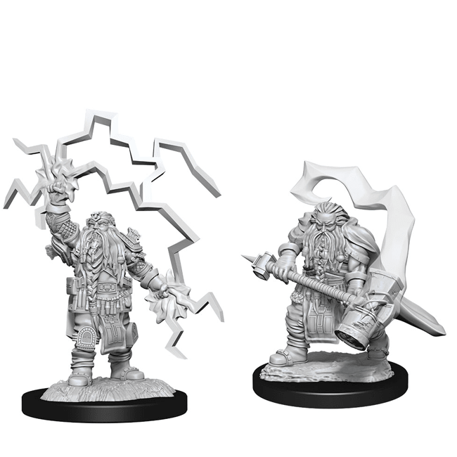 Two unpainted D&D Nolzur's Marvelous Miniatures male dwarf clerics, one casting lightning, one with hammer