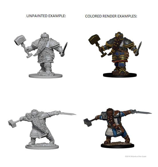 Dwarf Fighter unpainted miniatures shown beside coloured render examples