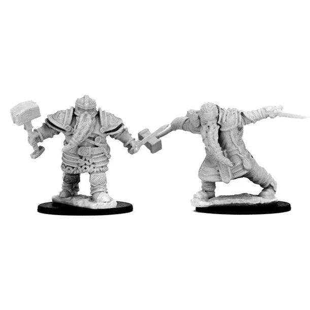 Two primed, unpainted Dwarf Fighter miniatures with hammer, axe and sword
