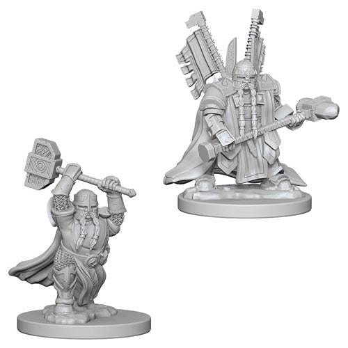 Two unpainted Nolzur's Dwarf Male Paladin miniatures, one with a raised hammer