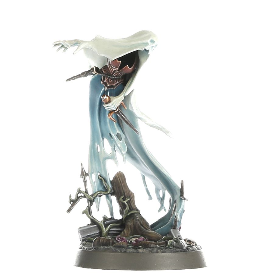 Painted Myrmourn Banshee swooping past a dead tree on a graveyard base, side view
