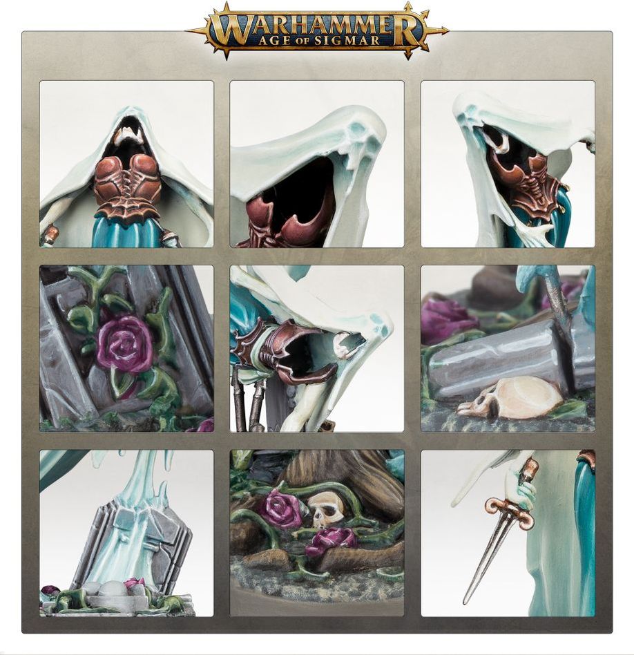 Close-up details of painted Myrmourn Banshees, hooded skull faces, chill daggers and grave bases