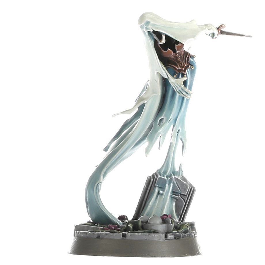 Painted Myrmourn Banshee rising from a broken gravestone, flowing turquoise ghostly robes