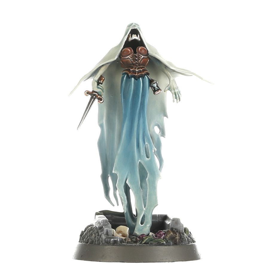Painted Myrmourn Banshee front view, hooded spectre with outstretched daggers above a grave base