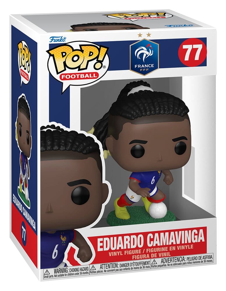 France Funko POP! Football 77 Eduardo Camavinga vinyl figure shown in its window display box