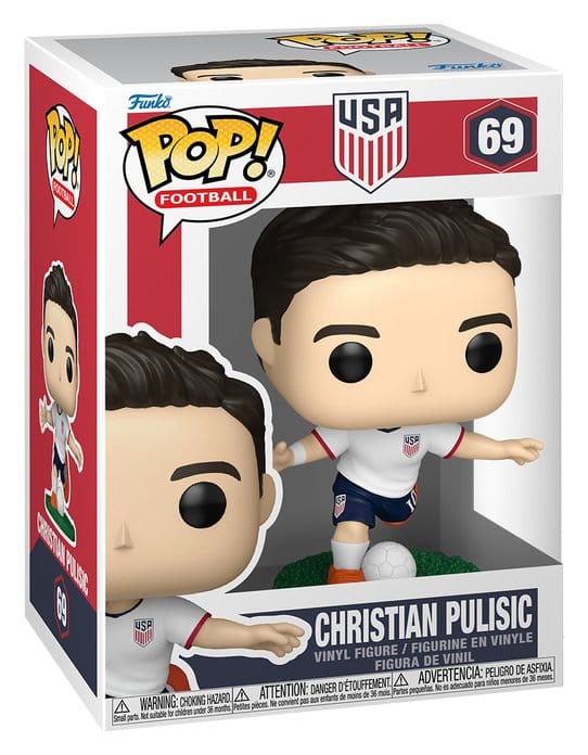 USA Funko POP! Football 69 Christian Pulisic vinyl figure shown in its window display box