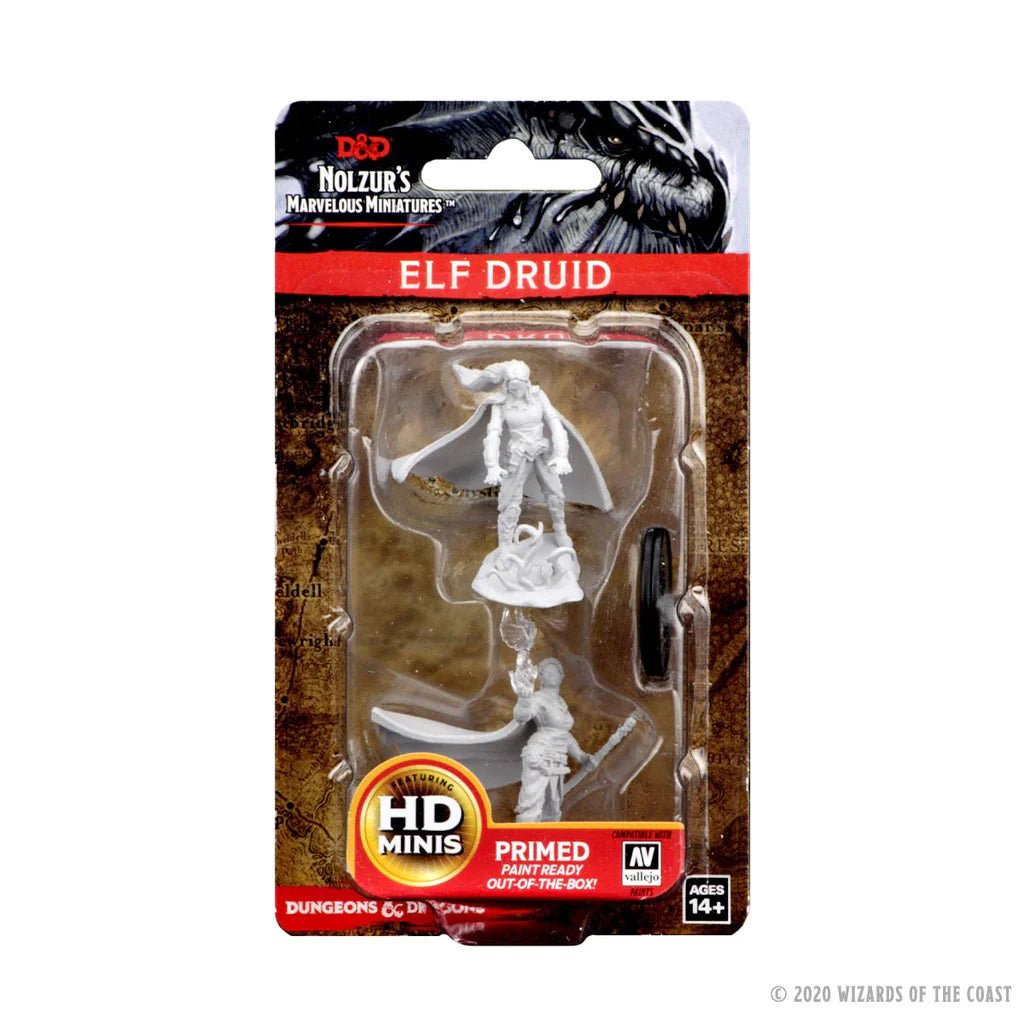 WizKids Nolzur's Marvelous Miniatures Elf Druid in blister pack with two primed figures