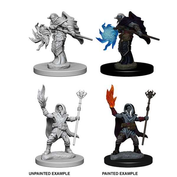 Elf Male Wizard miniatures: unpainted examples beside painted examples with spell effects