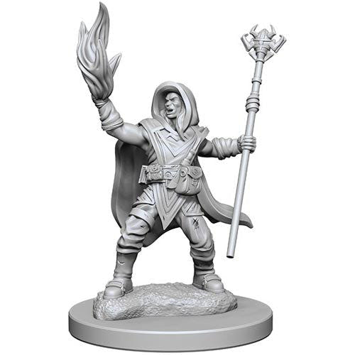 Unpainted Nolzur's Elf Male Wizard raising a flame in one hand and a staff in the other